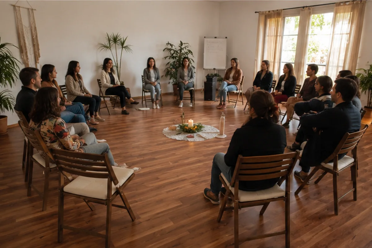 Personas sentadas en círculo durante un taller de constelaciones familiares