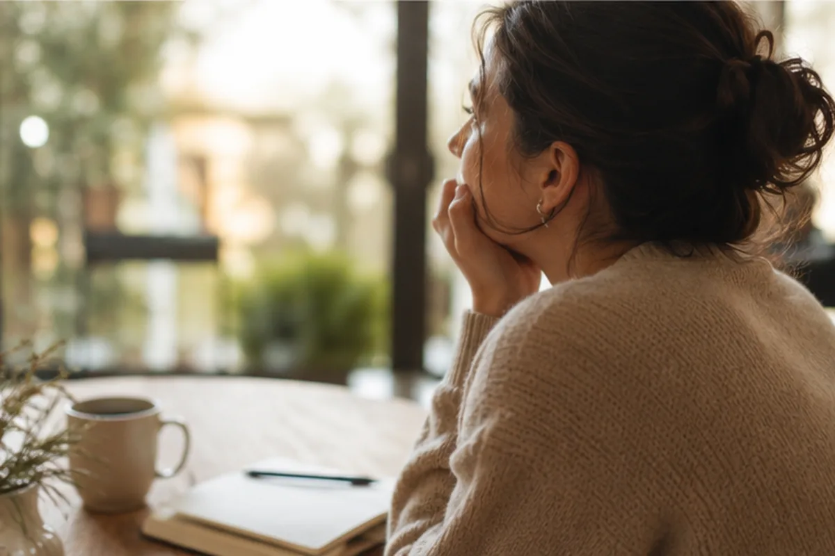 Mujer reflexionando después de una experiencia de constelación familiar